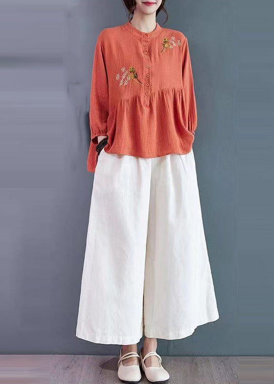Brick Red Embroidered Cotton Tops Summer