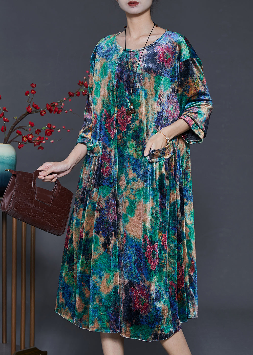 Green Oversized Tie Dye Silk Velvet Dresses Summer