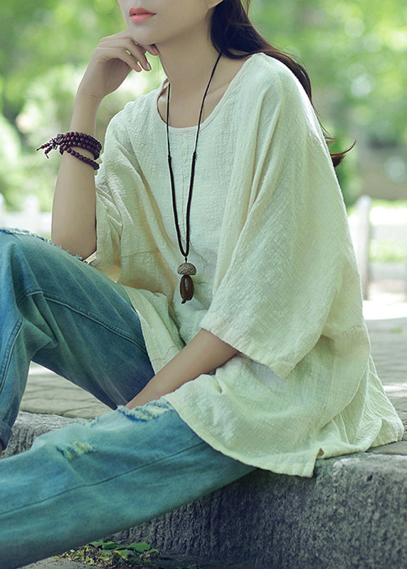Beige O-neck Cotton Linen Top Half Sleeve