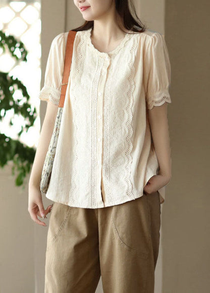 Apricot Hollow Out Embroidered Patchwork Cotton Blouses Summer