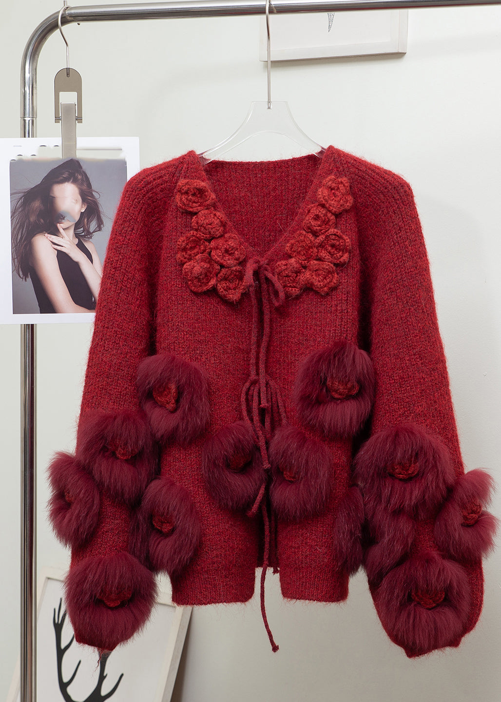 Lantern Red V Neck Tie Waist Mink Hair Knitted Cardigan Long Sleeve