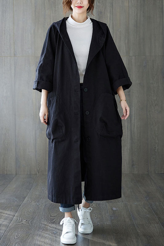 - Spring Loose Large Pocket Hooded Trench Coat