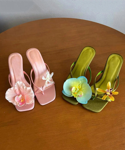 Handmade Green Asymmetrical Silk Stiletto Heels Flip Flops