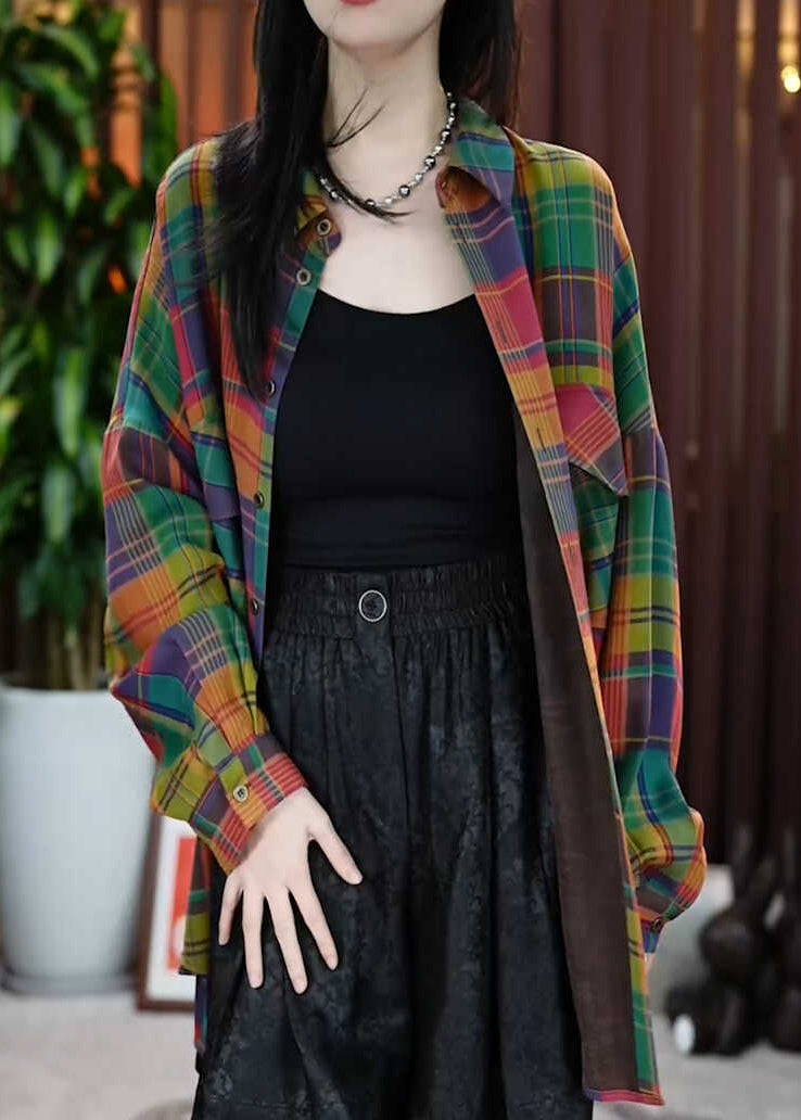 Peter Pan Collar Pockets Plaid Cotton Shirts Coats Fall