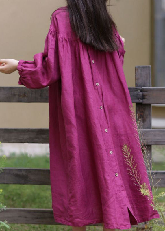 Loose Rose O Neck Button Cotton Long Dress Fall