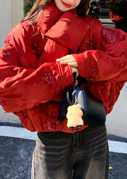 Stylish Red Embroidered Sequins Fine Cotton Filled Coats Winter