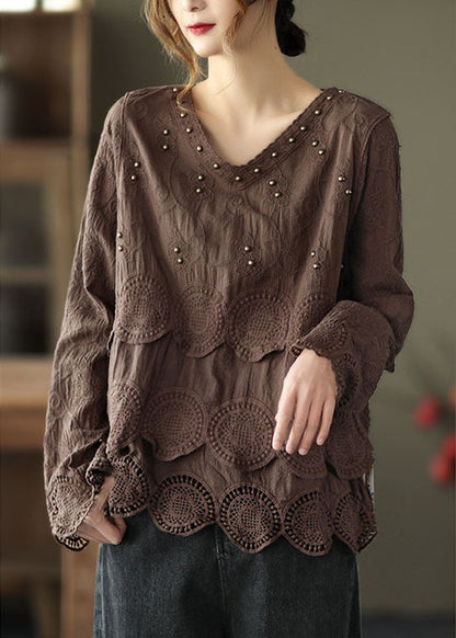 Chocolate Embroidered Hollow Out Fall Long Sleeve Shirt Tops