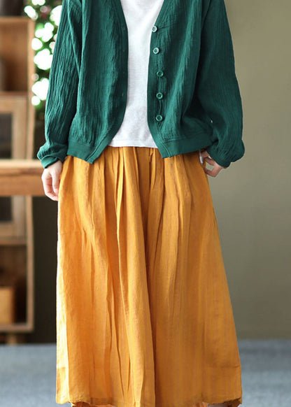 Yellow Wrinkled Patchwork Drawstring Linen Skirts Spring