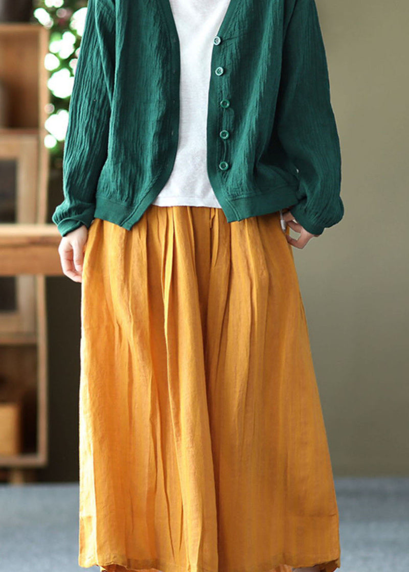 Yellow Wrinkled Patchwork Drawstring Linen Skirts Spring