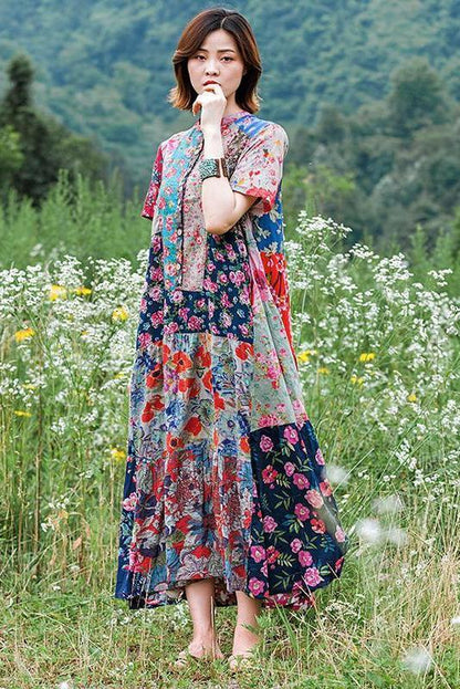 Print Splicing Short Sleeve 100% Cotton Dress