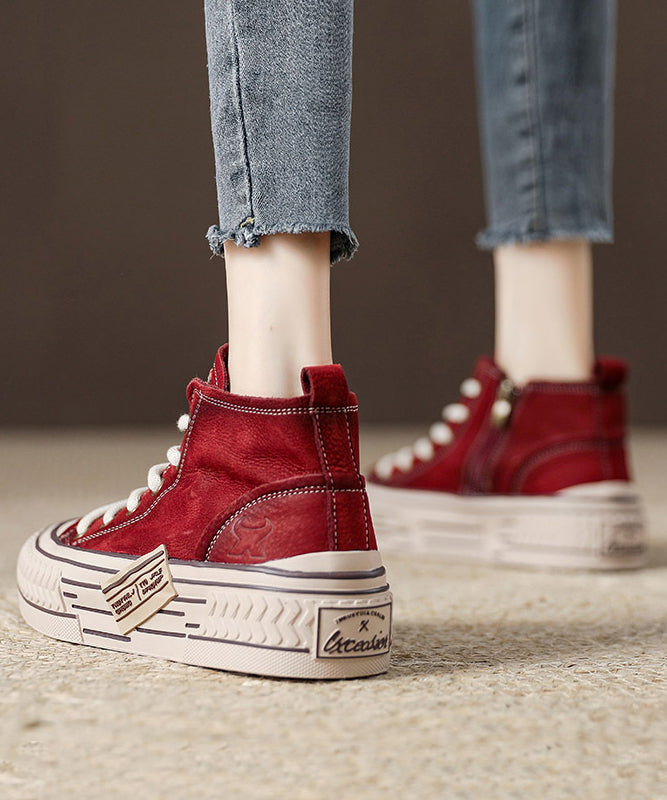 Beige Platform Soled Cowhide Lace Up High Top Board Shoes