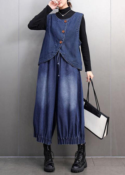 Boutique Blue O-neck Button Denim Waistcoat and Crop Pants Two Pieces Set Spring