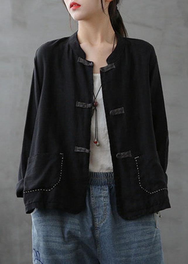 Boutique Green Stand Collar Embroidered Patchwork Linen Coat