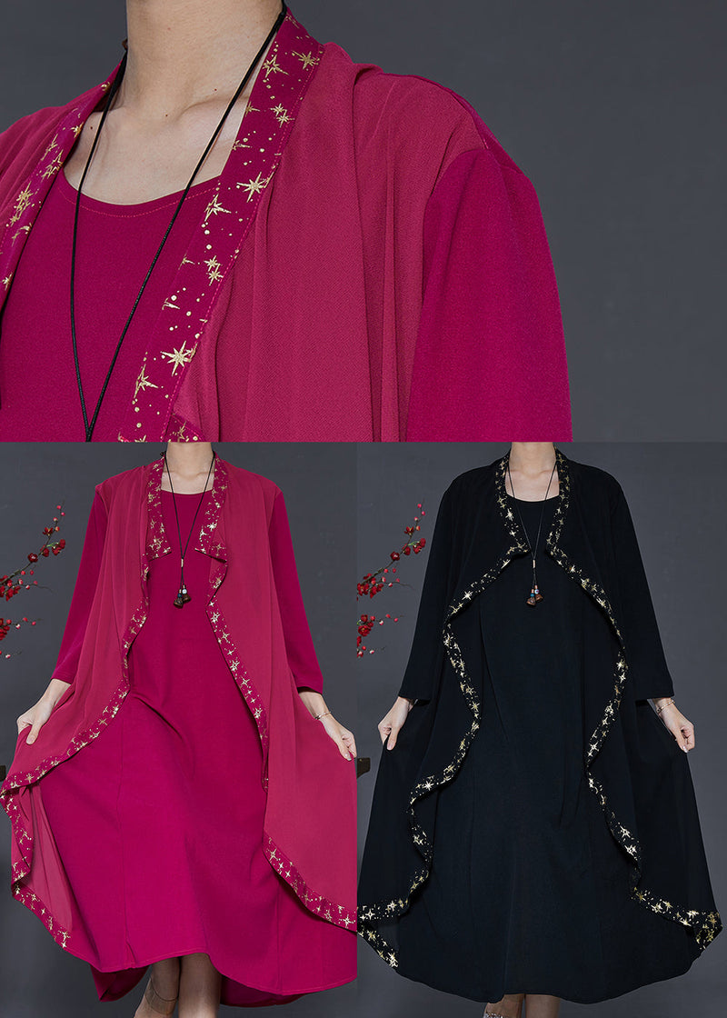 Black Ruffled Patchwork Chiffon Maxi Dresses Spring