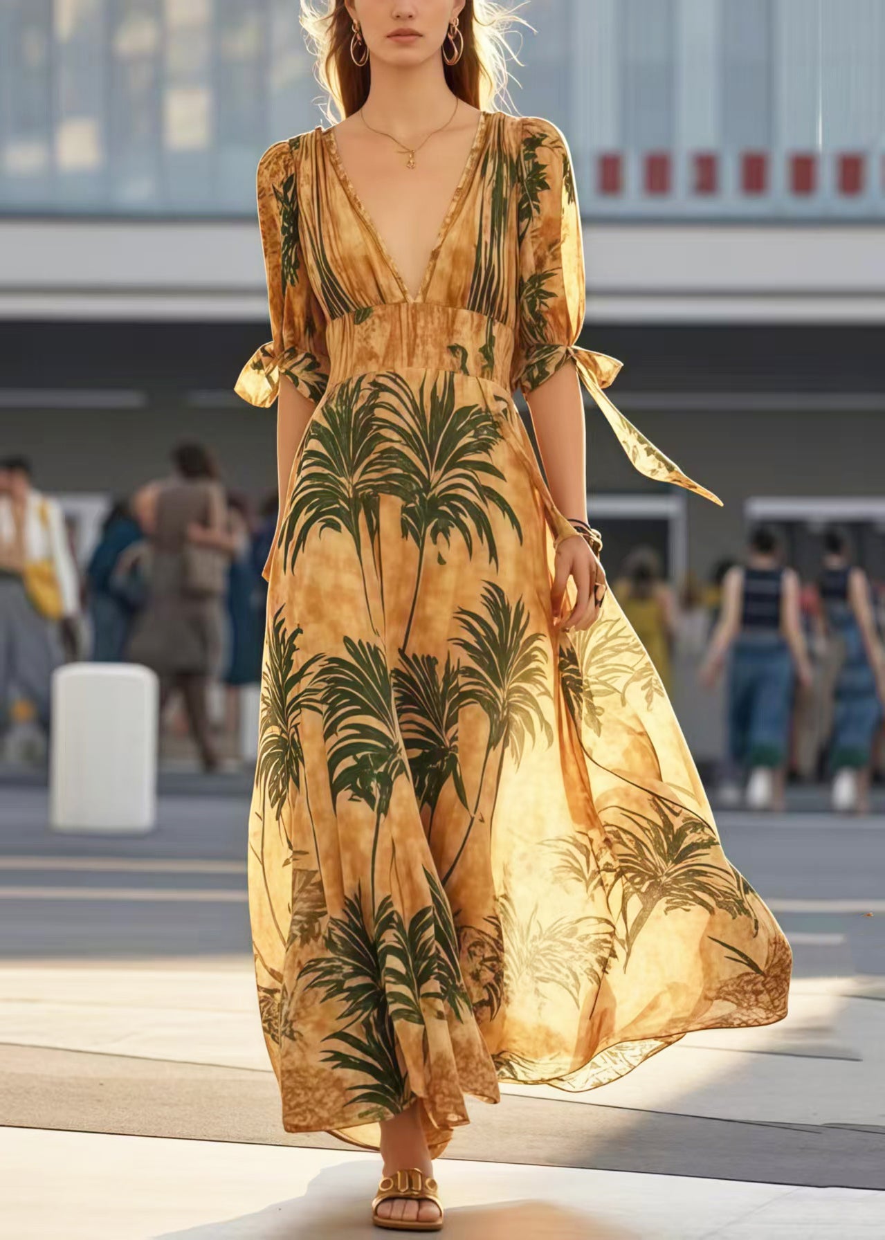 Khaki V Neck Print Cotton Holiday Dresses Summer