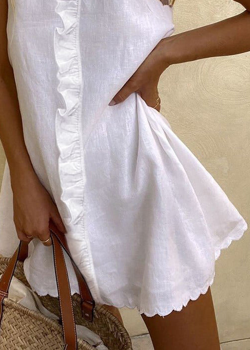 White Ruffled Cotton Mini Dresses Sleeveless
