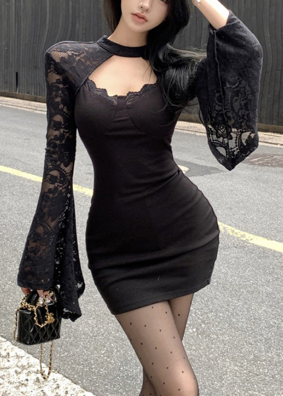 Black Wraped Patchwork Lace Mini Dress Spring