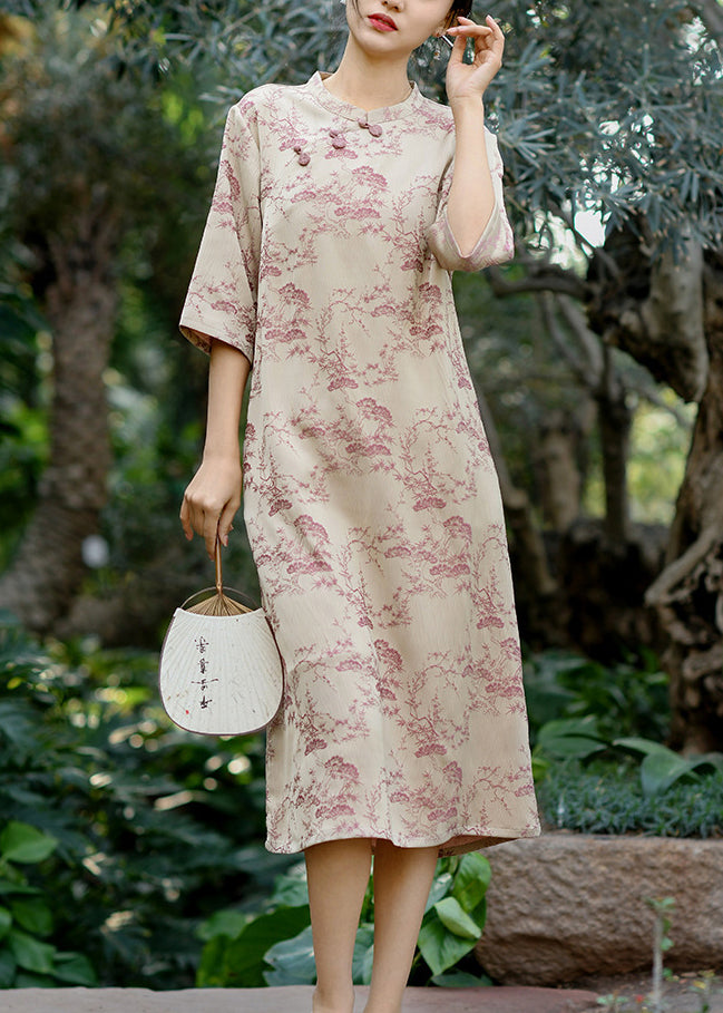 Chinese Style Green Stand Collar Jacquard Cotton Dresses Summer