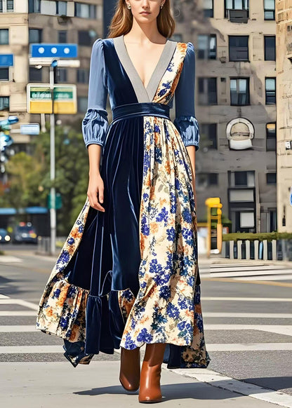 Print Patchwork Exra Large Hem Silk Velvet Long Dresses Spring
