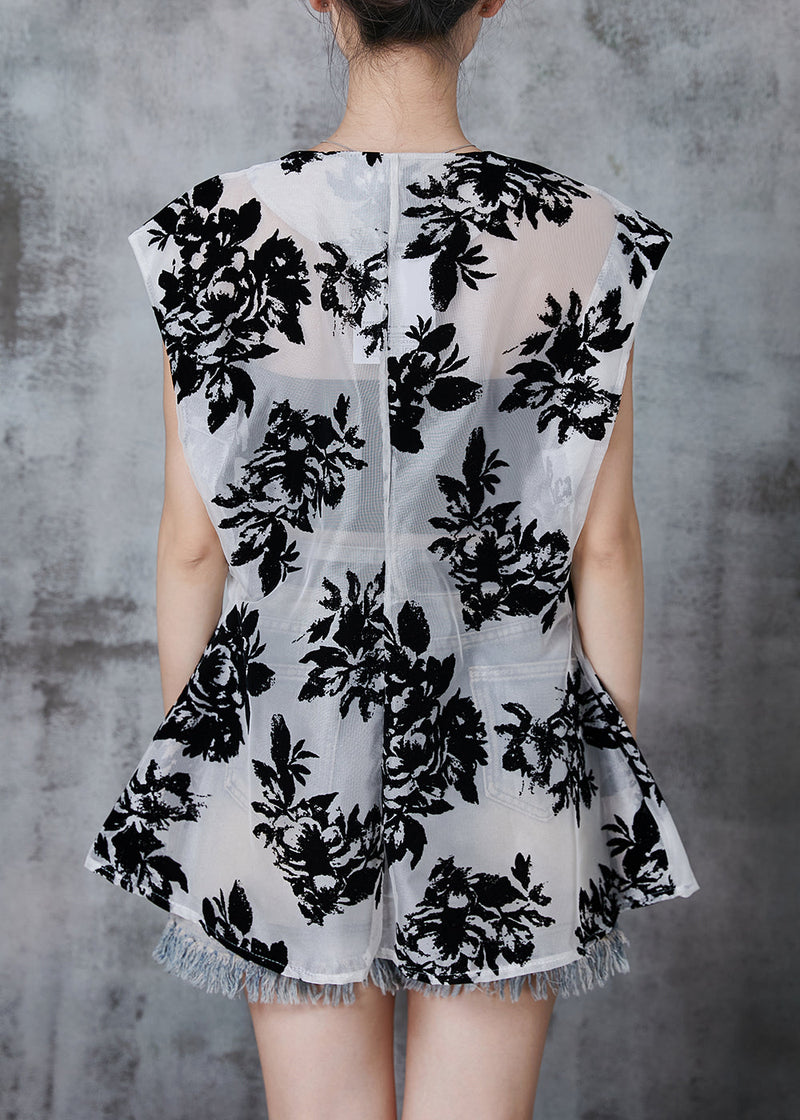 White Print Tulle Upf 50+ Tops Oversized Sleeveless