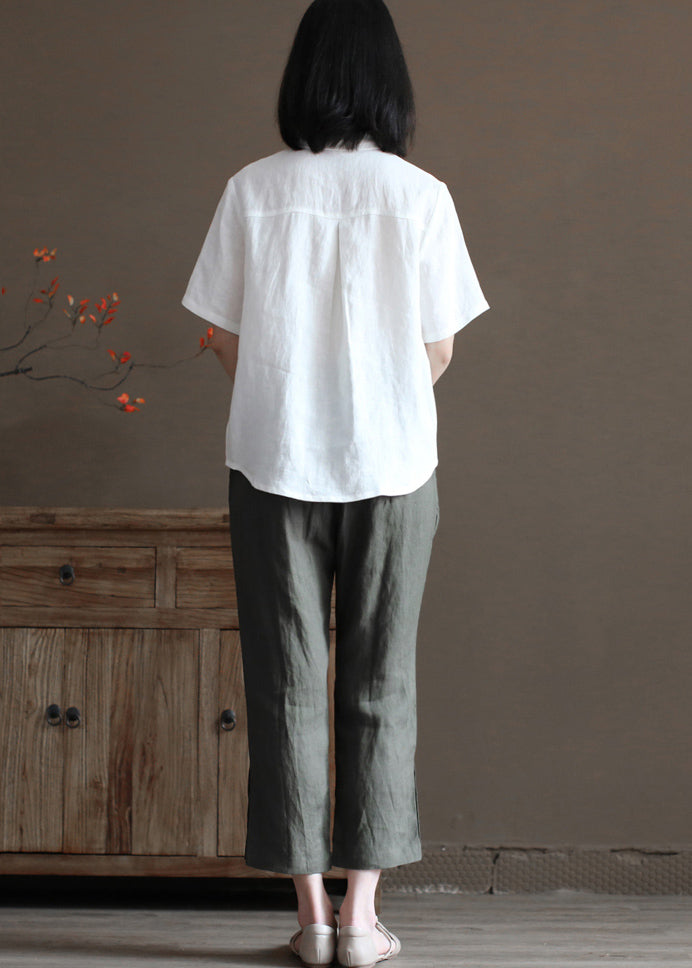 White Peter Pan Collar Pocket Linen Shirts Half Sleeve