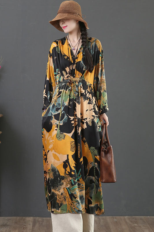 -spring New Cotton Linen Dress Yellow Print Long Dress