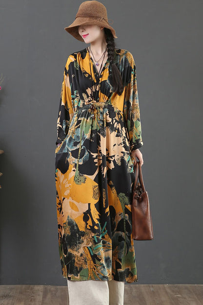 -spring New Cotton Linen Dress Yellow Print Long Dress