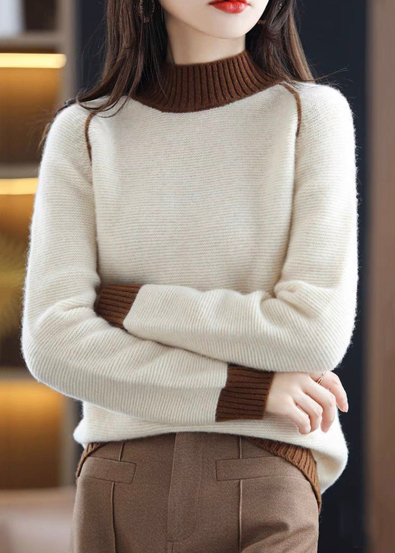 Beige Turtleneck Cozy Patchwork Wool Knit Sweaters Fall
