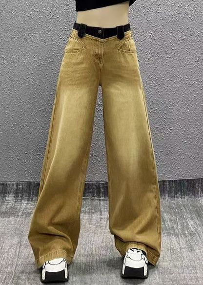 Khaki Pockets Patchwork Denim Wide Leg Pants Fall