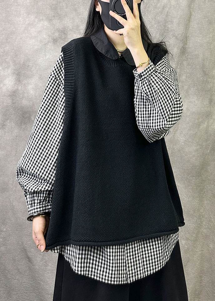 Loose Black O Neck Cozy Knit Waistcoat Sleeveless