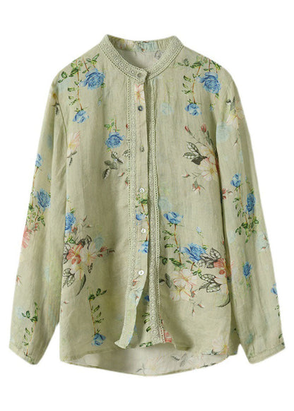White Lace Patchwork Print Ramie Blouses Long Sleeve