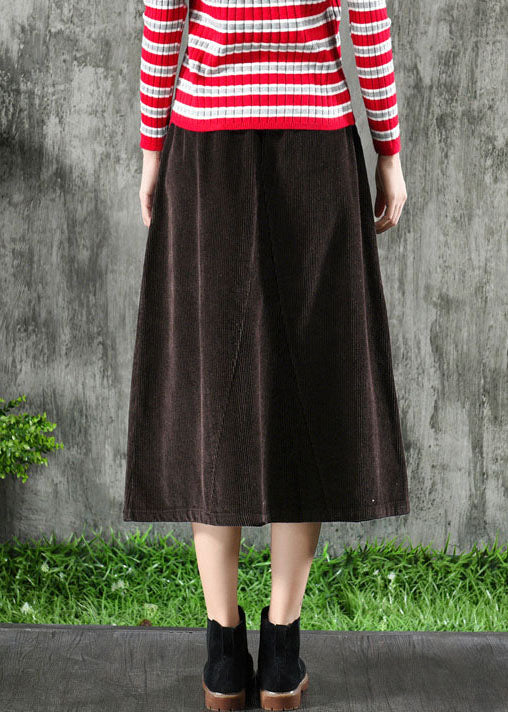 Dark Brown Corduroy Skirts Elastic Waist Button Winter