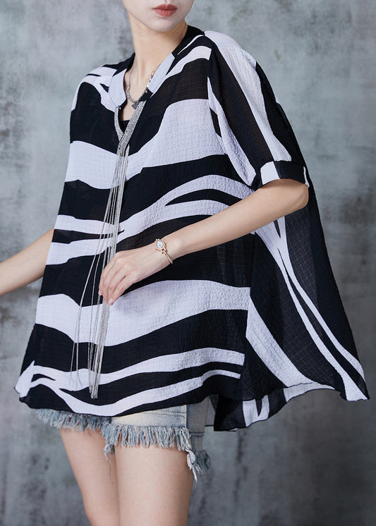 Black Tasseled Striped Chiffon Tops Summer