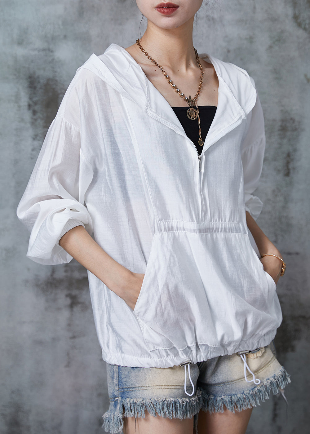 Modern White Hooded Drawstring Cotton Upf 50+ Sweatshirt Summer
