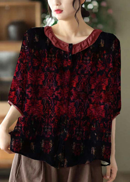 Simple Reddish Black O Neck Patchwork Print Linen Shirt Tops Half Sleeve