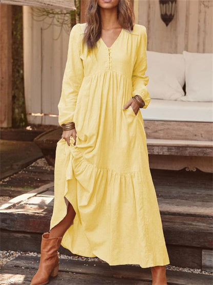 Color Buttoned Cotton and Linen Retro Long-sleeved Dresses Swing Long Dress