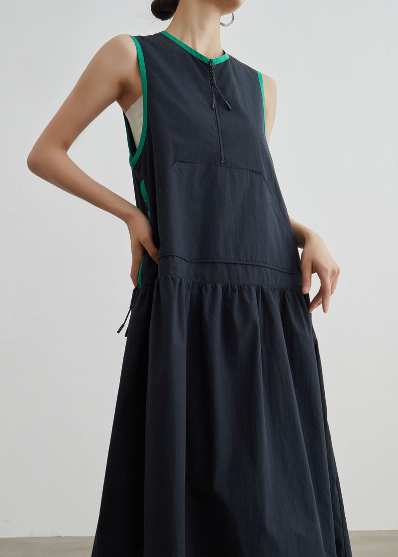 Black O Neck Patchwork Cotton Dress Sleeveless