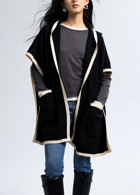 Black Hooded Pockets Knit Loose Cardigan Fall