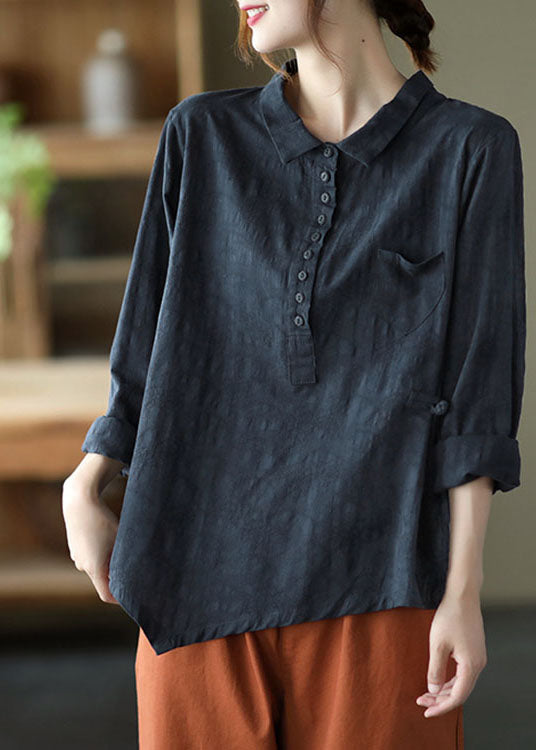 Black Button Asymmetrical Design Fall Shirt Long Sleeve