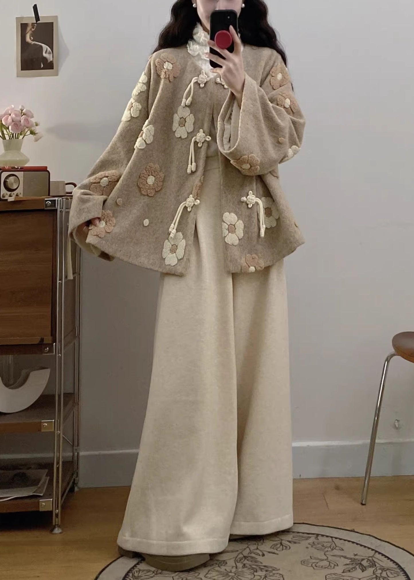 Apricot Chinese Button Coat and Wide Leg Pants Woolen Two Pieces Set Fall
