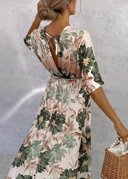 Green V Neck Print Cotton Maxi Dresses Butterfly Sleeve