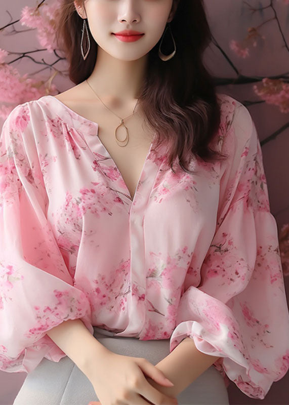 Pink V Neck Print Chiffon Blouses Bracelet Sleeve