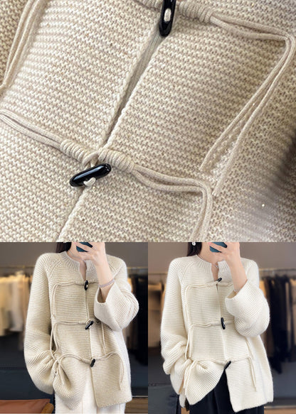 White Woolen Knit Coat O-neck Long Sleeve
