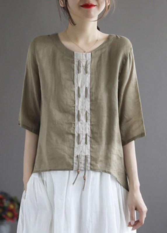 Khaki Low High Design Design Patchwork Summer Linen Shirt Tops