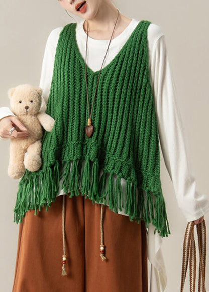 Green V Neck Tasseled Knit Vest and White Cotton T Shirt Two Pieces Set Fall