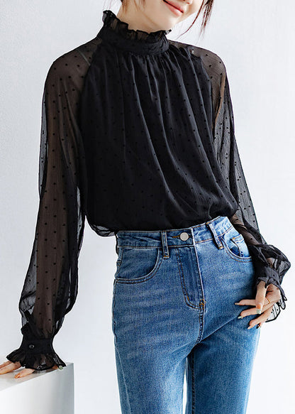 Black Ruffled Dot Thin Chiffon Shirts Fall