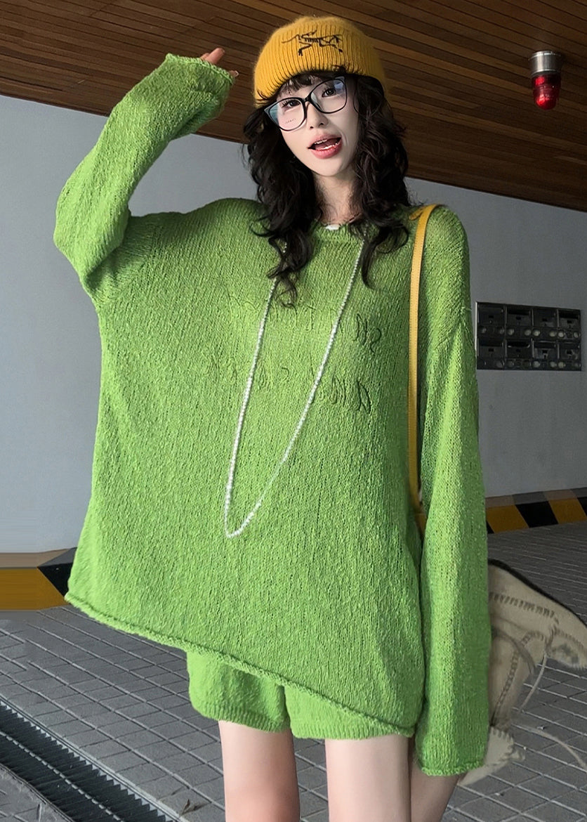 Grass Green Embroidered Letter Knit Two-piece Set Spring