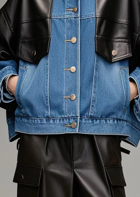 Denim Blue Oversized Patchwork Faux Leather Jackets Fall
