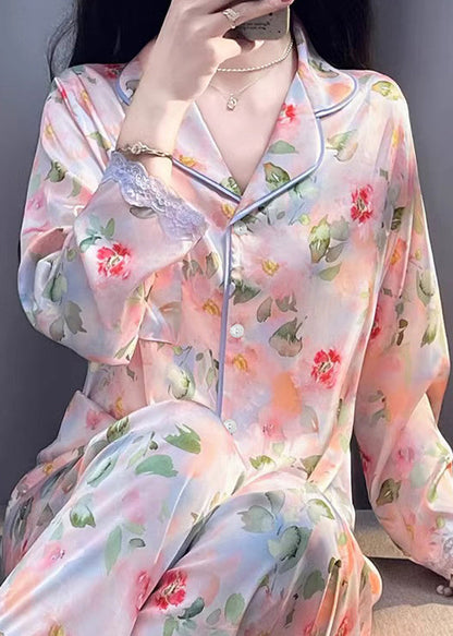 Photo Color Print Pockets Lace Silk Pajamas Two Pieces Set Spring