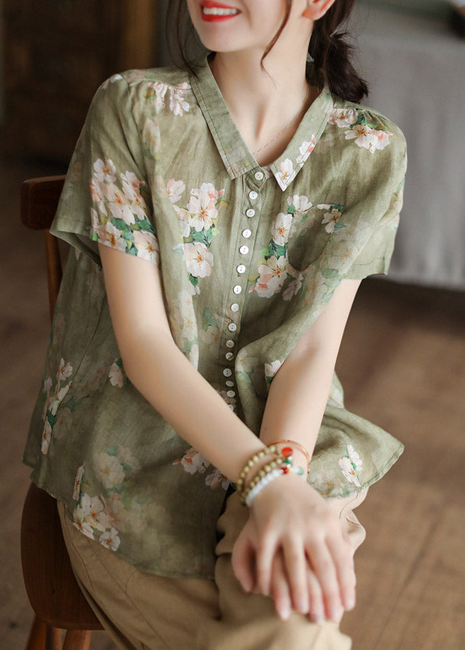 Peter Pan Collar Print Button Low High Design Linen Shirts Short Sleeve